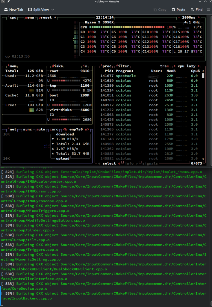 An image showing a task manager and a terminal below. The task manager shows all 32 threads of a Ryzen 9 3950X at 100% usage. The text below shows Dolphin source files being compiled.